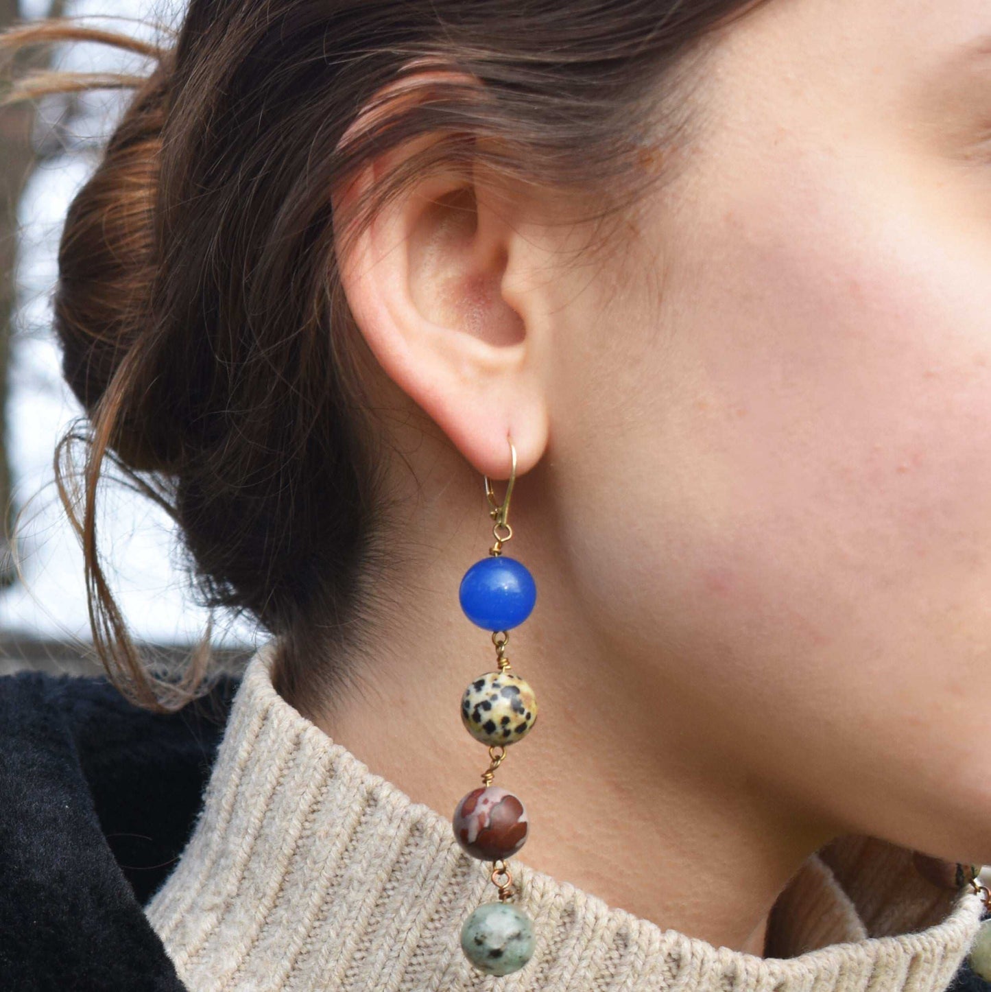 Blue Aventurine, Dalmatian Jasper, Mookaite and Sesame Jasper Yellow gold vermeil or 18k gold earrings | by nlanlaVictory-4