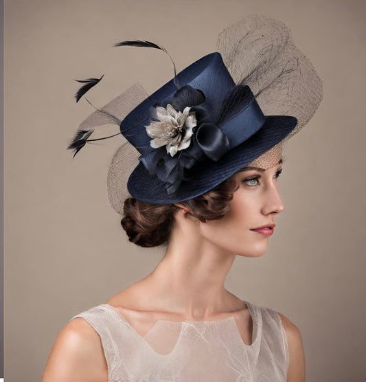 Ladies Blue Fascinator hat with gray flower and lace.