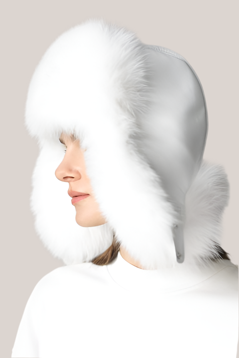 White Genuine Arctic Fox Fur Sheepskin Hat