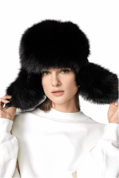 Black Genuine Arctic Fox Fur Sheepskin Hat
