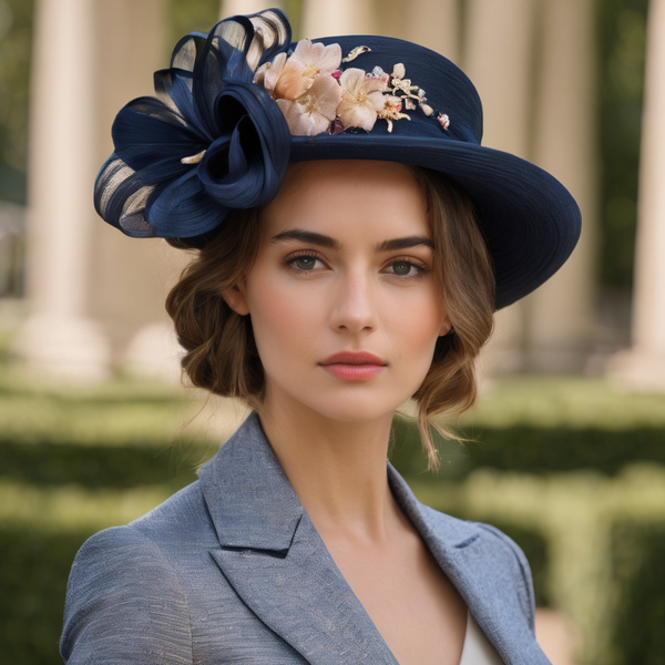 Ladies medium navy blue hat with pink and blue flowers