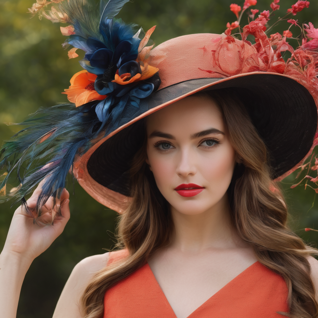 Ladies large brim hat in peach.