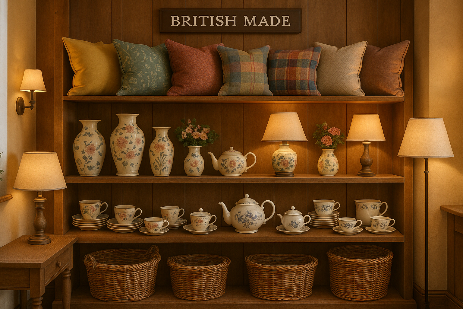 Cusions, home decor, vases, lamps, tea sets, baskets in a store