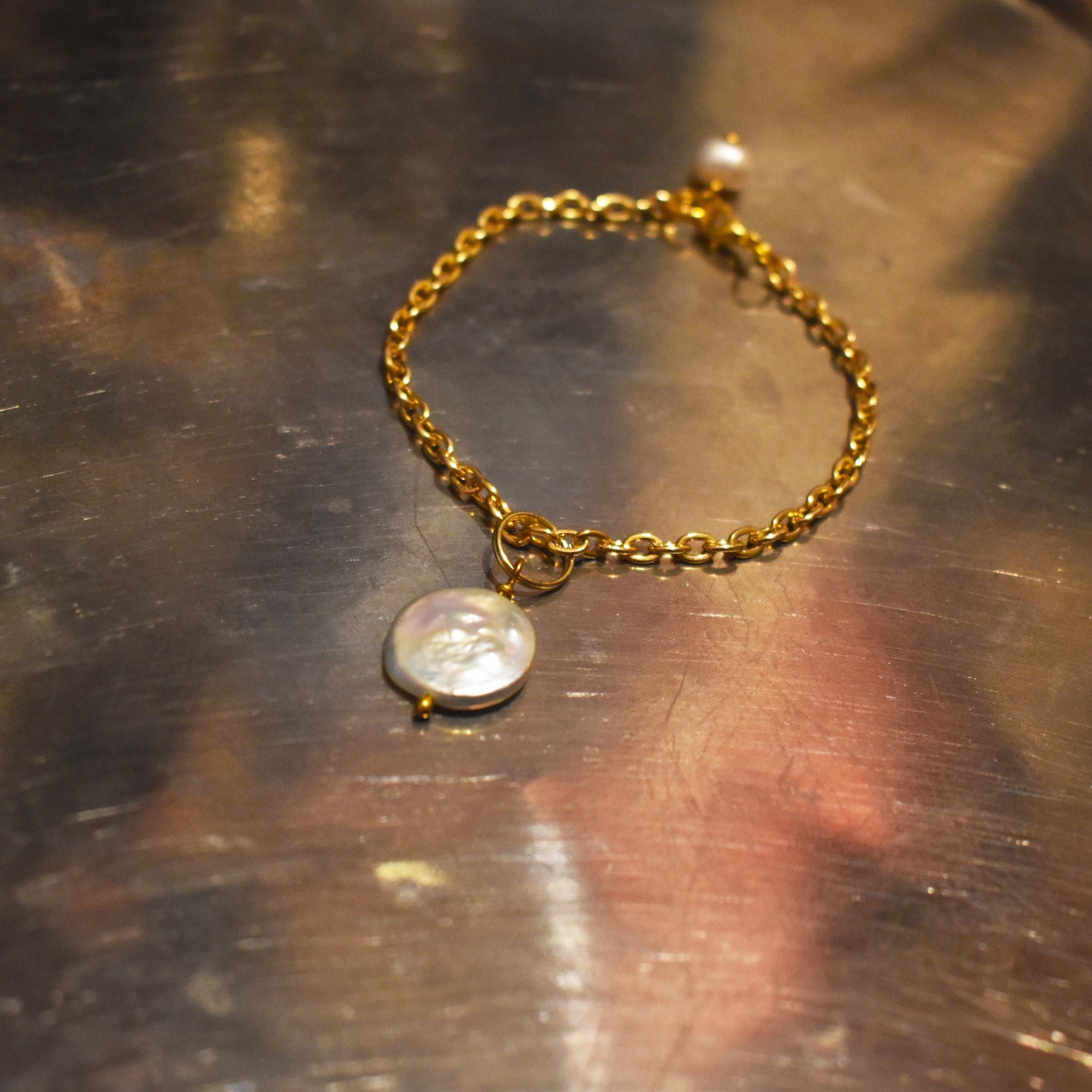 Pearl adjustable bracelet or anklet on gold plated chain | by Ifemi Jewels-4